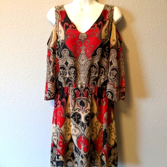 Venus Bohemian Dress Red Black Cream Print V Neck On Off Shoulder Sz. M - Picture 4 of 8